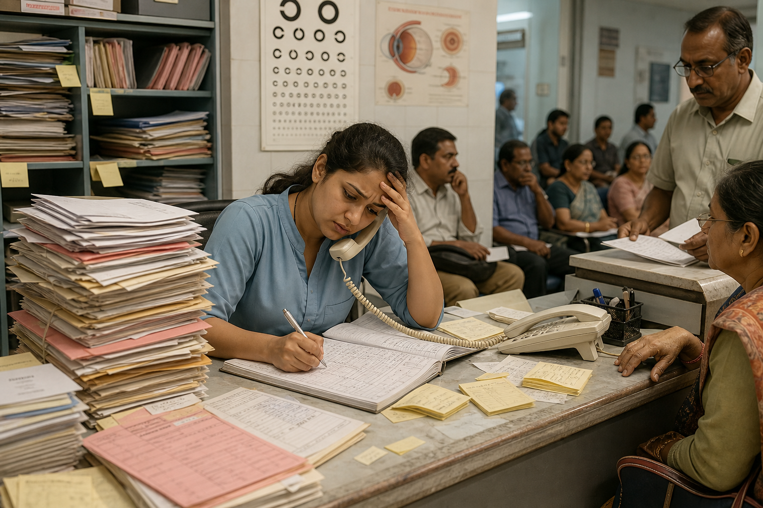 Stressed hospital receptionist buried in patient paper files and MRD registers