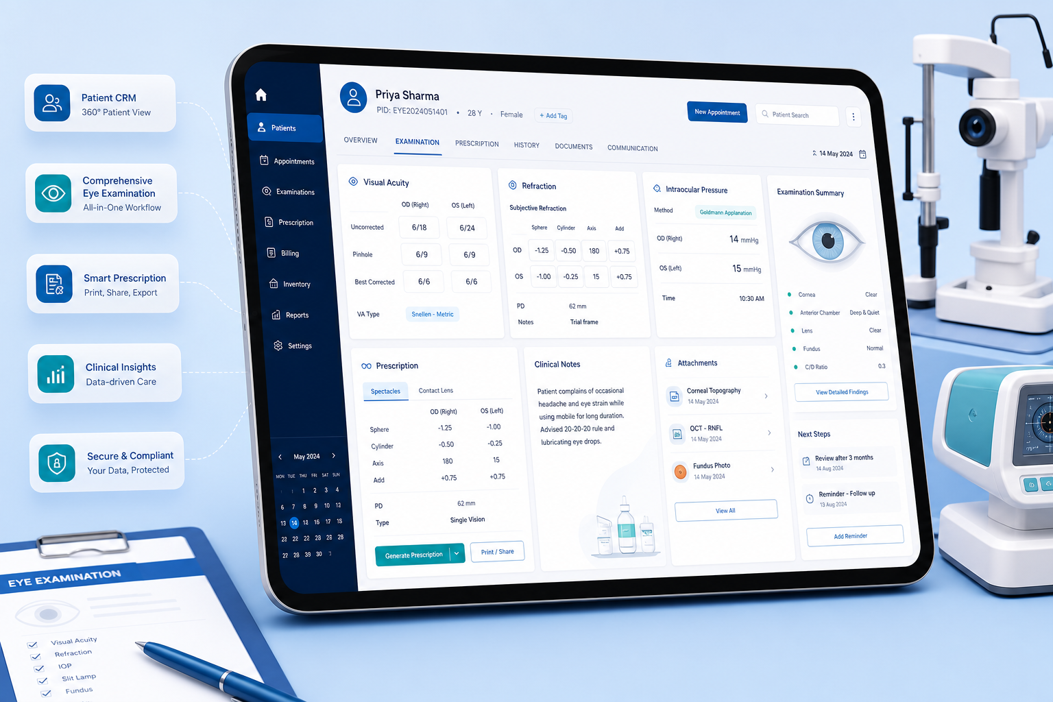 Clinical exam CRM — primary examination workspace