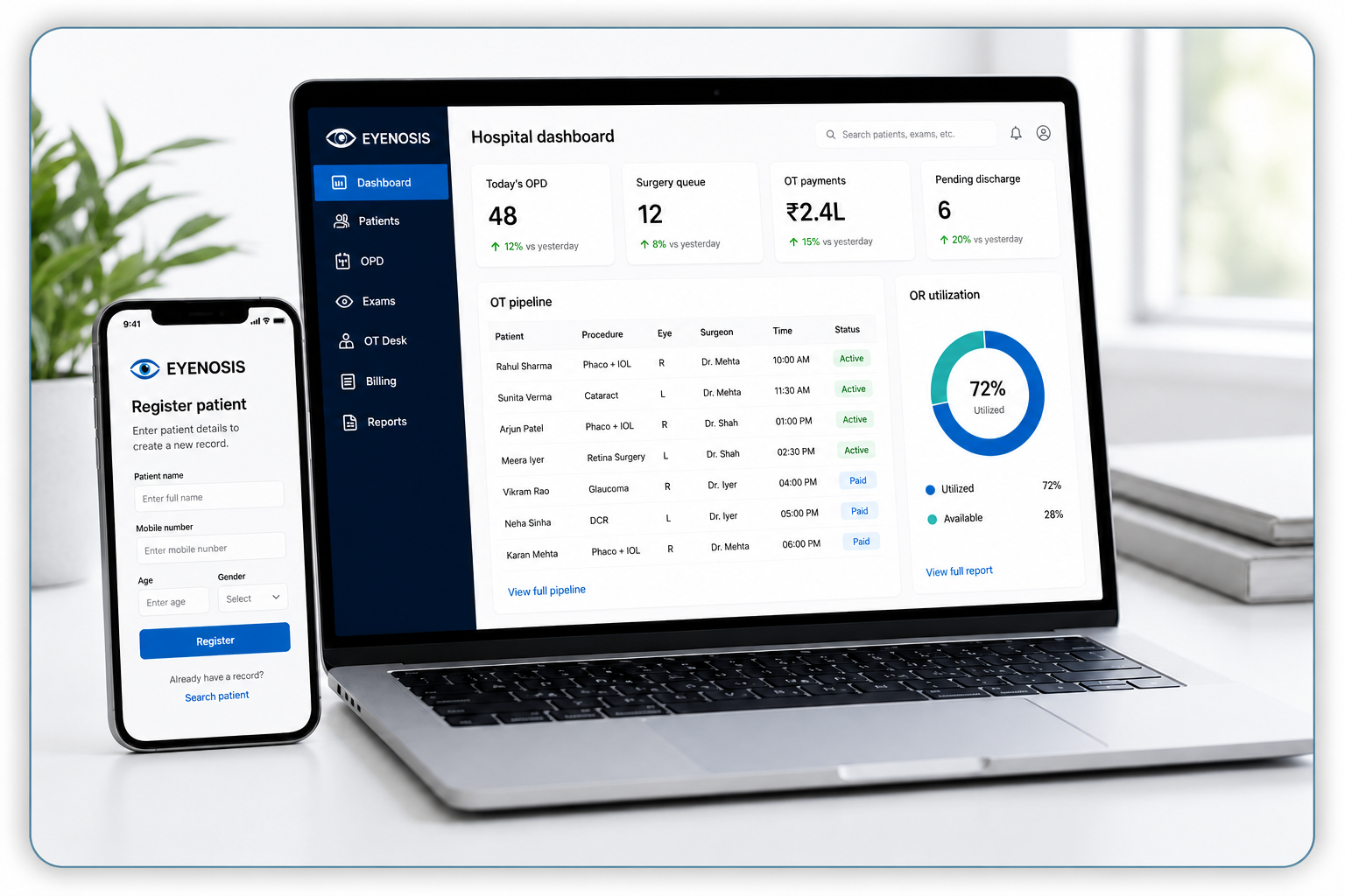 EYE NOSIS CRM on desktop and mobile — hospital dashboard and patient registration