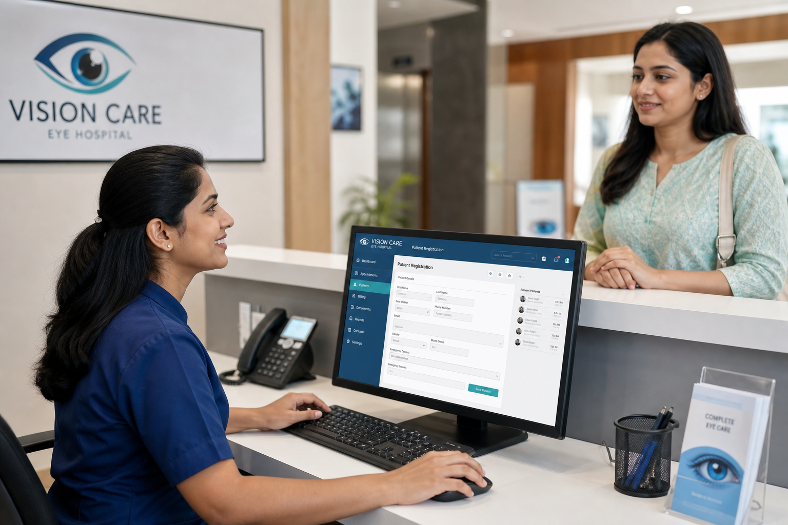 Hospital receptionist using EYENOSIS CRM for patient registration at a clean desk
